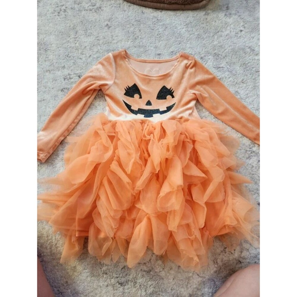 Girls 4T Halloween Pumpkin Tutu Dress Orange Velvet Jack O Lantern
